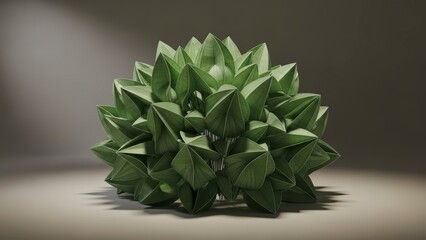 Intricate Green Origami Sculpture with Spiky Geometric Forms.
