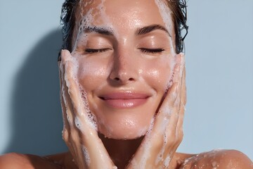 Naklejka premium A woman with her eyes closed, gently washing and massaging her face using both hands to represent a skincare ritual. She is smiling softly, looking happy and relaxed