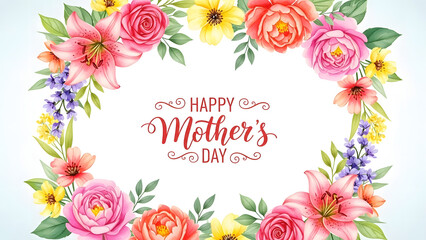 Floral wreath with pink, orange, and yellow flowers and 'Happy Mother's Day' text on a white background with a light blue gradient.