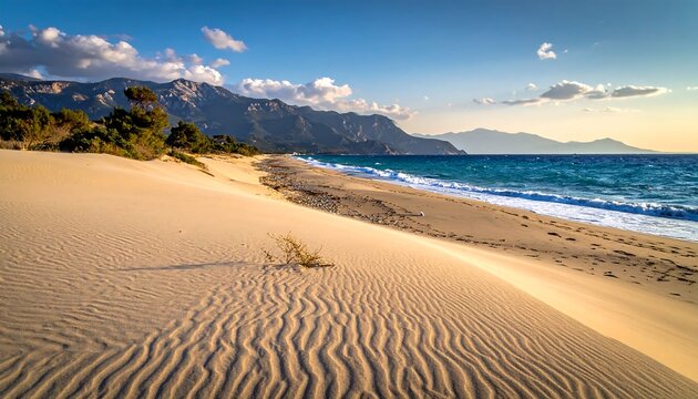 Sandy beach dunes meet the ocean with mountains rising up on the horizon under a partly cloudy blue sky