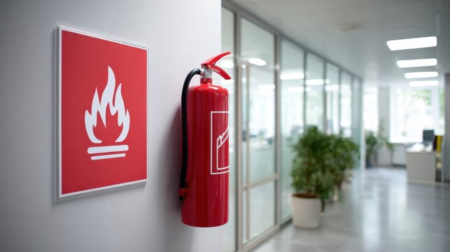 Fire extinguisher mounted on wall beside fire safety sign in modern office environment, emphasizing safety measures and preparedness in workplace settings