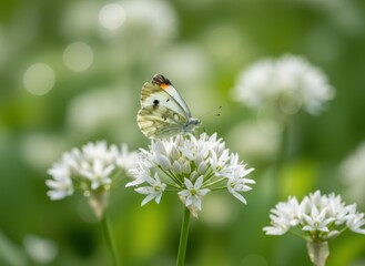Delicate Orange Tip Butterfly Perched on a Cluster of White Wild Garlic Flowers in a Sunlit Meadow