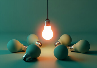 One of Lightbulb glowing among shutdown light bulb in dark area with copy space for creative thinking , problem solving solution and outstanding concept by 3d rendering technique. 