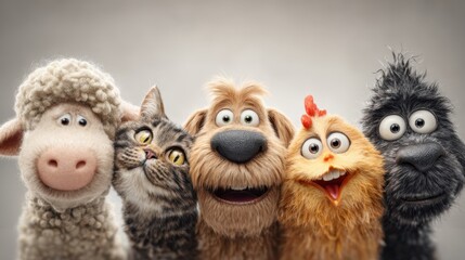 Colorful collection of animated animal characters featuring a sheep, cat, dog, chicken, and gorilla, showcasing playful expressions and vibrant textures