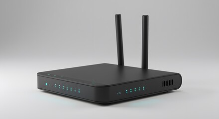 Black router with two antennas and blue indicator lights placed on a neutral surface