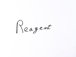 Minimal black handwritten word &ldquo;reagent&rdquo; on a white background. Symbol of chemistry, laboratory work and scientific reactions.