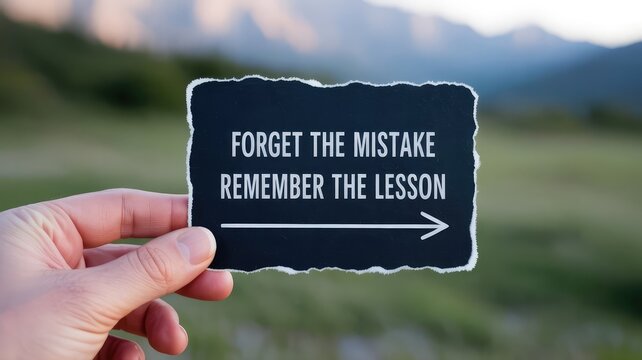Person holding a small motivational sign reminding viewers to forget mistakes and remember the valuable lesson learned outdoors.