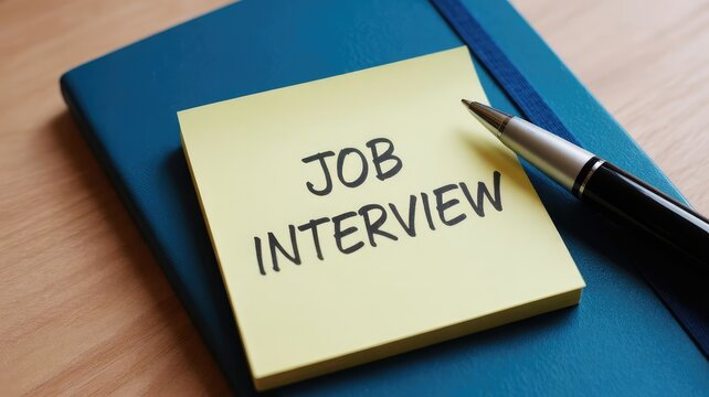 Reminder note clearly displays the words job interview written in dark ink resting on a blue notebook beside a professional pen