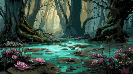 Fantasy Magic Swamp, Vector Illustration