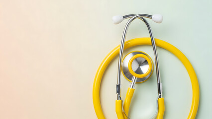 Medical stethoscope with yellow tubing and chest piece lying on soft gradient background representing healthcare checkup concepts clinical diagnostics heart monitoring and professional equipment