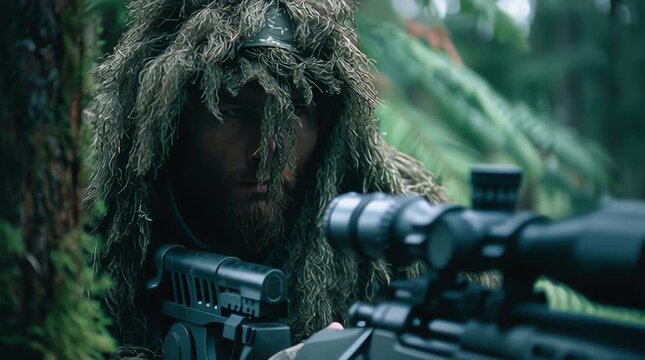 Realistic reflections, male figure in ghillie suit lies prone in forest aiming sniper rifle with scope and suppressor supported by bipod.