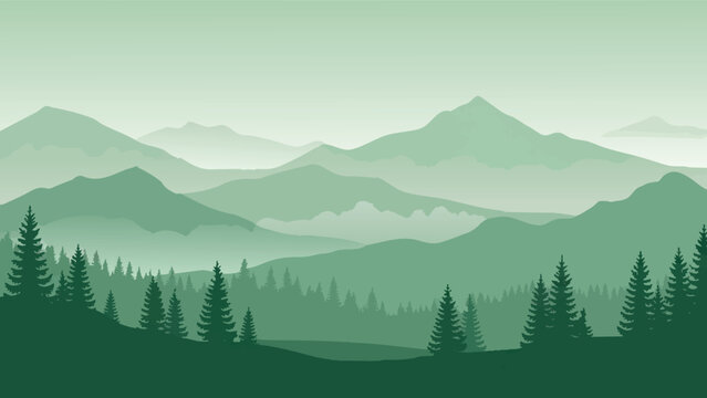 Serene mountain landscape with layers of green and distant pine trees