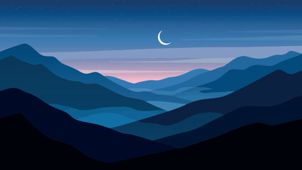 Serene mountain landscape with a crescent moon in the night sky © Rena