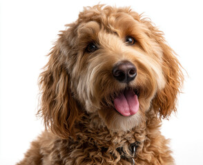 Fototapeta premium Happy and content cute brown golden doodle dog sits with joyful expression, showcasing its fluffy fur and friendly demeanor. This adorable pet radiates warmth and charm