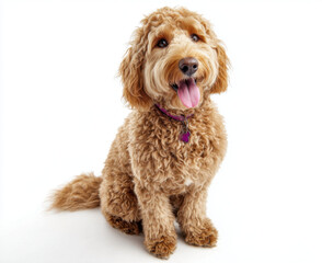 Fototapeta premium Happy and content cute brown golden doodle dog sits gracefully, showcasing its fluffy coat and playful demeanor. This adorable pet radiates joy and warmth, making it delightful companion