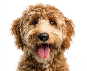 Fototapeta premium Happy and content cute brown golden doodle dog with fluffy fur and bright eyes, sitting against white background, exuding joy and warmth