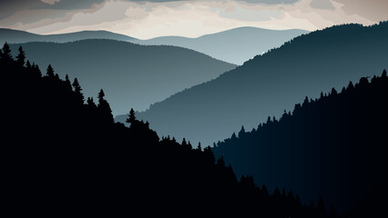 Silhouetted mountains and forest under a cloudy, atmospheric sky © Rena