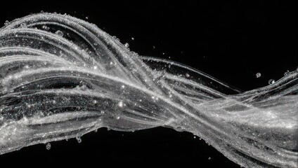 Close-up of intertwined, translucent strands with droplets against a stark black backdrop