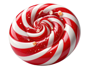 Swirled red and white treat with glassy drops, a spiral design