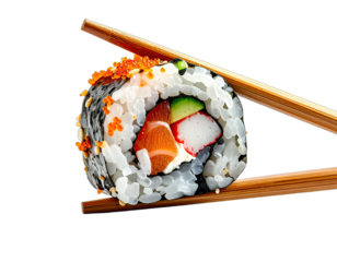 Close-up of a single California roll held by chopsticks against a dark background