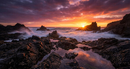 Dramatic seascape sunset with rocky coastline and crashing waves.