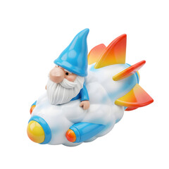 A whimsical garden gnome rides a colorful cloud rocket