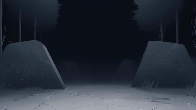 A stark, geometric landscape featuring angular structures and a dark, obscured background