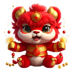 Cute red puppy lion mascot with golden bells for Chinese New Year PNG