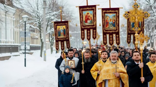 Orthodox Epiphany procession with priests, men, and boy carrying icons and candles in winter.