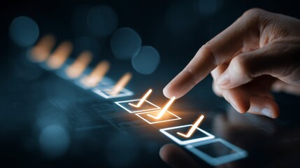 A close-up shot of a hand with a pointed finger, touching digital checkmarks on a dark background