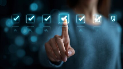 A person?s index finger selecting an illuminated checkmark from a row of digital icons against a dark background, suggesting choices and completion