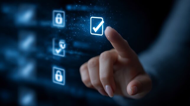 A hand interacts with holographic checkmarks and lock icons on a dark background. The image emphasizes digital security and confirmation - Powered by Adobe