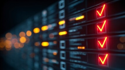A close-up view of a digital display with glowing red checkmarks and blurred lights in the background. Shows a sense of confirmation