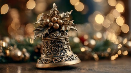 A bronze Christmas bell ornament with intricate floral designs, positioned in front of a blurred background of festive lights and greenery