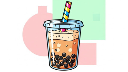 Brown bubble tea in clear plastic cup with colorful straw and boba