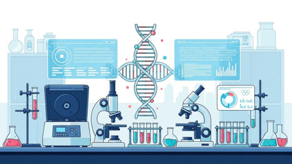 Laboratory equipment and dna double helix model on a table with microscopes, test tubes,
