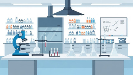 A laboratory interior with a microscope, test tubes, bottles on shelves and a whiteboard with chemical