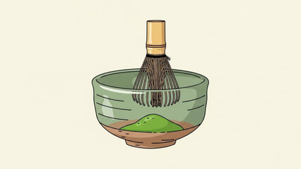 A green tea bowl with a bamboo whisk and matcha powder inside a clear ceramic bowl on a beige background