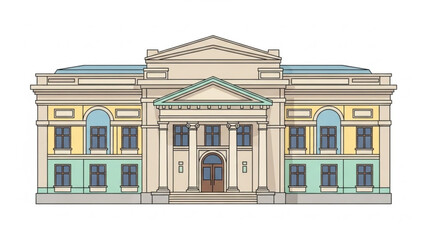 Large beige building with green and yellow accents and many windows