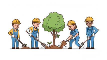 Four workers in hard hats and overalls planting a tree with shovels outdoors