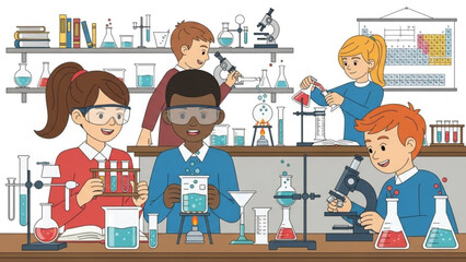 Diverse students in a high school chemistry lab with various equipment and experiments