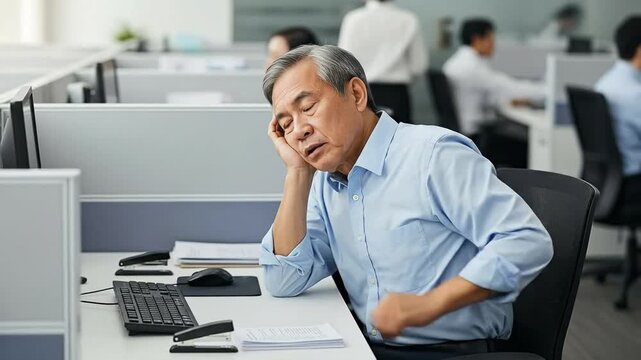 Focused Senior Male Worker in Modern Office Environment with Technology and Multiple Desks