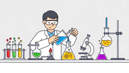 Scientist in lab coat working with colorful chemicals and equipment in laboratory setting with microscope
