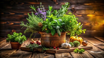 Freshly harvested Mediterranean herbs add a pop of color and fragrance to a rustic wooden table display