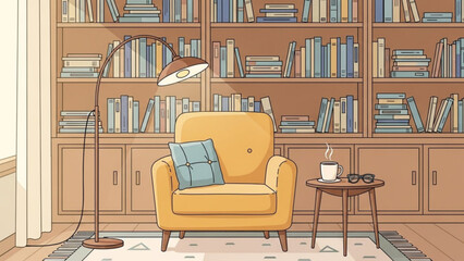 Cozy reading nook with yellow armchair, floor lamp, and bookshelves, perfect for relaxation and leisure