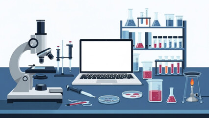Laboratory workspace with microscope, laptop, and various science equipment on blue tabletop