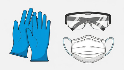 Protective equipment set including blue gloves, safety goggles, and face mask for safety and hygiene