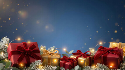 Beautifully wrapped Christmas gifts adorned with festive lights and snow, perfect for holiday celebrations