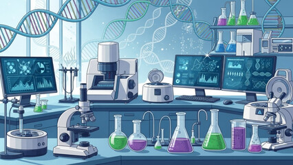 A laboratory with various scientific equipment including microscopes and computer screens