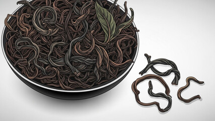 Black squid ink spaghetti noodles with basil leaf in bowl and on white surface